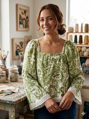 Nicole Miller Boho Style Top with Paisley Print in Green and White